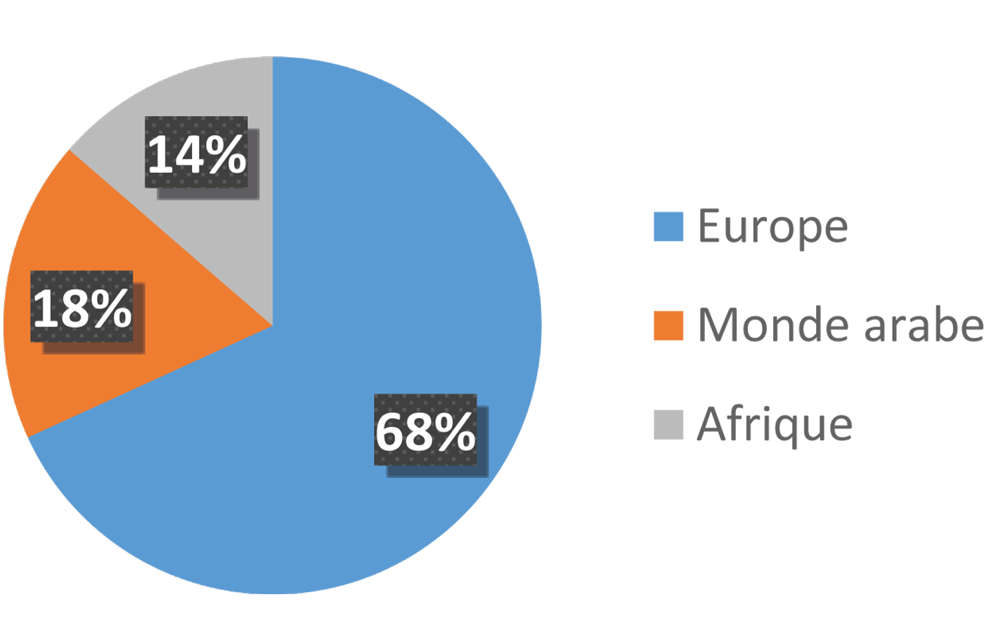 Répartition des actions de coopération de l'IRES avec les aires d'appartenance du Royaume du Maroc, 2008-2019